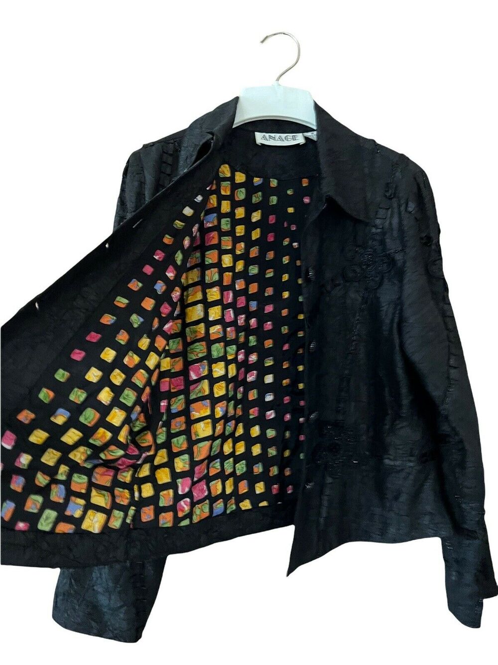 VTG Anage Reversible Black Embroidered Jacket Colorful Square Pattern Blazer M
